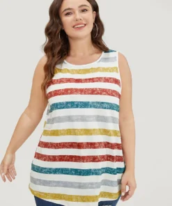 Striped Contrast Crew Neck Sleeveless Tank Top -Clothing Shop 471066960 mj