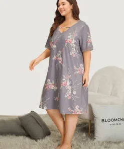 Floral Print Keyhole Pocket Lace Panel Night Dress -Clothing Shop 471204655 ri