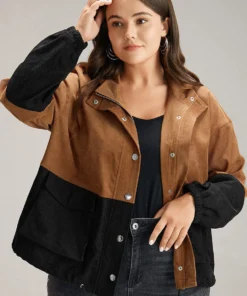 Two Tone Zipper Pocket Button Up Jacket -Clothing Shop 471578218 cz