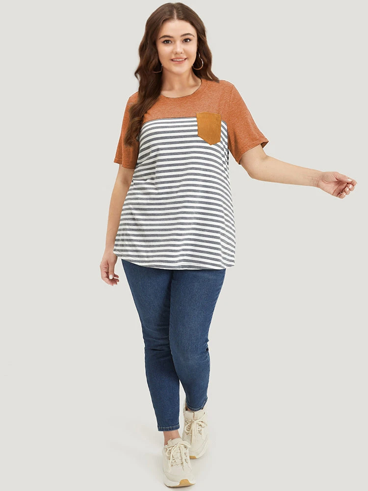 Striped Patchwork Round Neck Patched Pocket T-shirt 14 Striped Patchwork Round Neck Patched Pocket T-shirt - Image 12