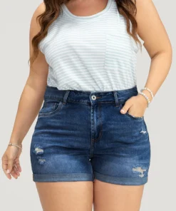 Skinny Very Stretchy Light Wash Roll Hem Distressed Denim Shorts -Clothing Shop 472419675 wz 18618288 7ab2 4512 99c1 c5b24c97cf93