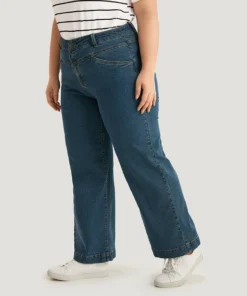 Solid Patchwork Wide Leg Medium Wash Jeans -Clothing Shop 472602110 vn