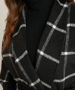 Plaid Lapel Collar Pocket Belted Open Front Coat -Clothing Shop 472997937 py