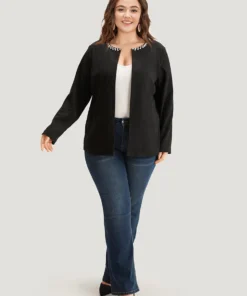 Solid Pearl Beaded Detail Open Front Jacket -Clothing Shop 47304726 xl