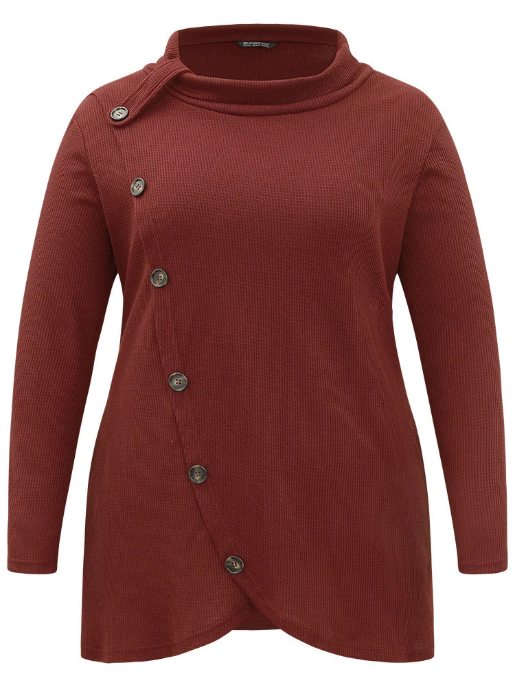 Rib Knit Mock Neck Wrap Pocket Button Detail Sweatshirt 10 Rib Knit Mock Neck Wrap Pocket Button Detail Sweatshirt - Image 8