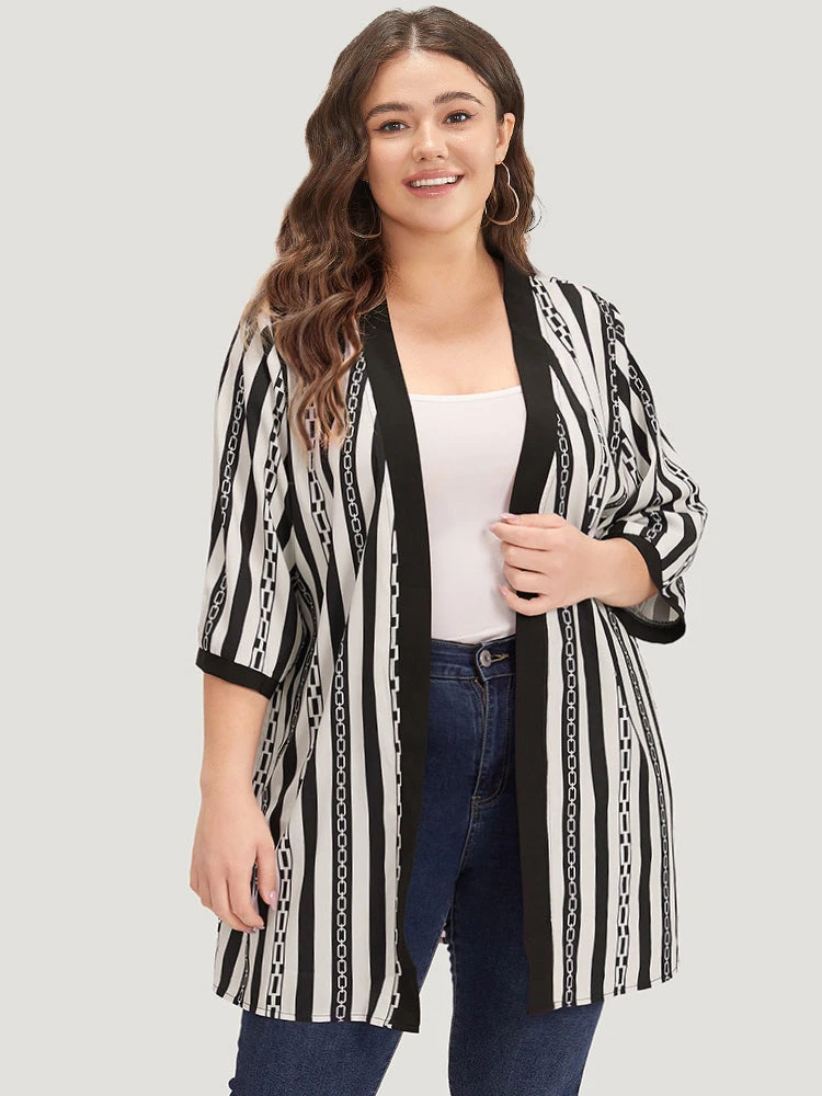Striped Patchwork Contrast Open Front Kimono 3 Striped Patchwork Contrast Open Front Kimono