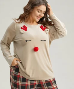 Christmas Elk Fluffy Ball Round Neck Sleep Top -Clothing Shop 474043359 je