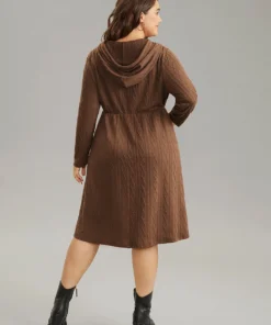 Plain Texture Jacquard Hooded Cable Knit Dress -Clothing Shop 474308713 kf