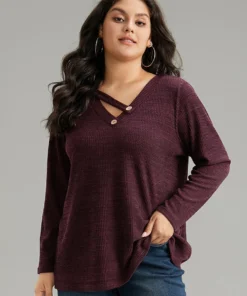 Solid Rib Knit Button Detail T-shirt