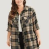 Plaid Flap Pocket Curved Hem Shacket -Clothing Shop 474784464 ri