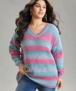 Rainbow Ombre V Neck Loose Pullover -Clothing Shop 474920008 by