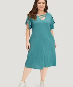 Supersoft Essentials Solid Pocket Keyhole Petal Sleeve Dress -Clothing Shop 47514774 lu