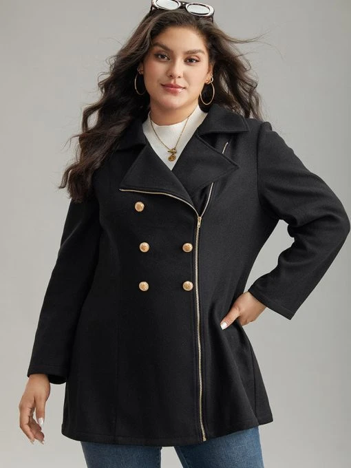 Asymmetrical Neck Buckle Detail Zipper Coat -Clothing Shop 475318759 iz