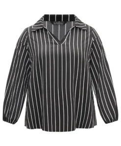 Striped Shirt Collar Lantern Sleeve Blouse -Clothing Shop 475444279 rx
