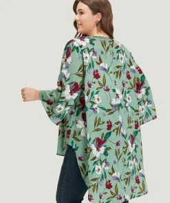Floral Print Open Front Asymmetrical Hem Kimono -Clothing Shop 475512062 jn 431b069b 16ac 4552 b60b dfeacd896d30