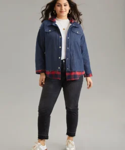 Denim Plaid Patchwork Contrast Hooded Jacket -Clothing Shop 475563376 ki