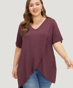 Plain V Neck Wrap High Low Hem T-shirt -Clothing Shop 476047901 zy
