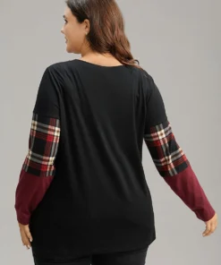 Plaid Contrast Patchwork Round Neck T-shirt -Clothing Shop 476109964 ue