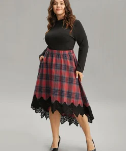 Plaid Lace Panel Pocket High Low Hem Skirt 11 Plaid Lace Panel Pocket High Low Hem Skirt -Clothing Shop 476225171 qs
