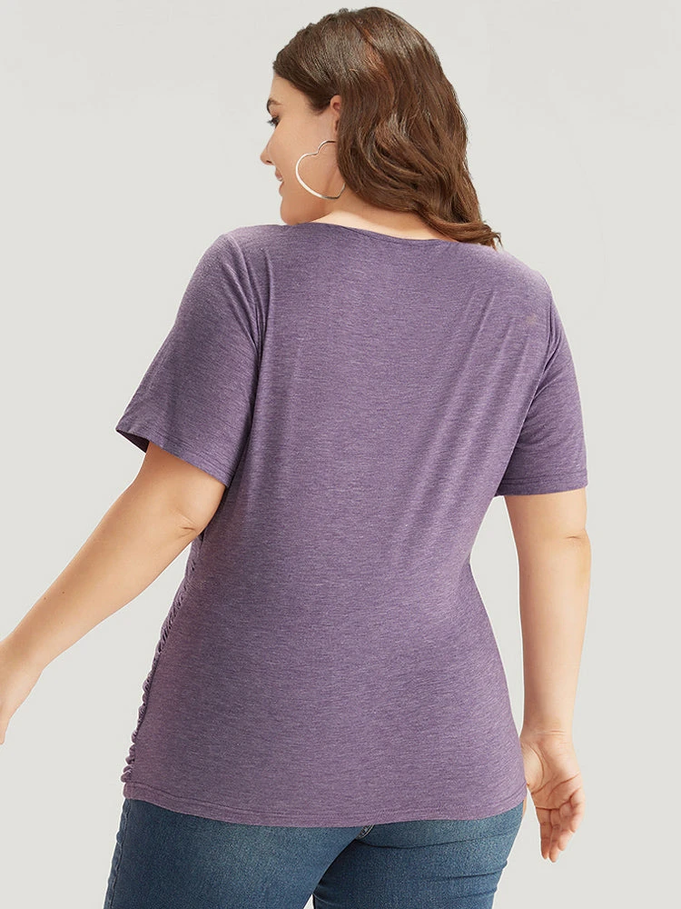 Solid Heather Overlap Collar Gathered T-shirt 4 Solid Heather Overlap Collar Gathered T-shirt - Image 2