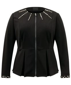 Pearl Beaded Zipper Plicated Detail Coat -Clothing Shop 477963933 eb