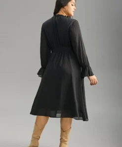 Plain Pleated Stand Collar Shirred Ruffles Dress -Clothing Shop 478004534 tn