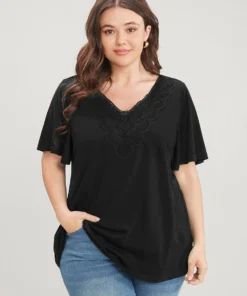Solid Ruffle Sleeve Lace V Neck T-shirt -Clothing Shop 478143310 qa 8371afbe f848 481c b580 381b40168649