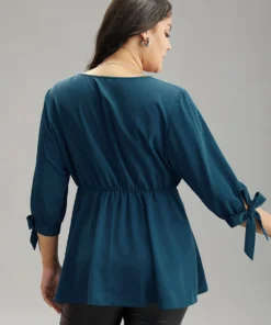 Plain Bowknot Ties Buckle Detail Wrap Blouse -Clothing Shop 478379152 nw