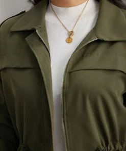 Solid Zipper Drawstring Tab Sleeve Trench Coat -Clothing Shop 478546562 xa