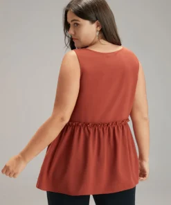 Solid Button Up Pleated Frill Trim Tank Top -Clothing Shop 478601440 sa