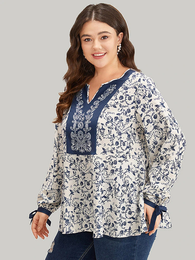 Boho Print Notched Knot Lantern Sleeve Blouse 5 Boho Print Notched Knot Lantern Sleeve Blouse - Image 3