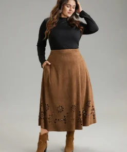 Plain Elastic Waist Pocket Laser Cut Skirt -Clothing Shop 478750017 ns