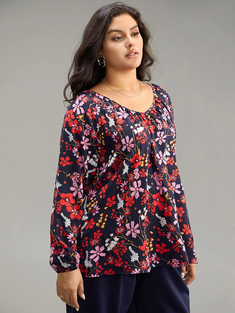 Floral Print Gathered Lantern Sleeve Blouse 7 Floral Print Gathered Lantern Sleeve Blouse - Image 5