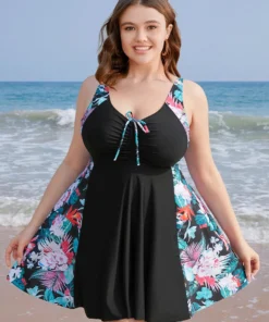 Tropical Contrast Drawstring Ruched Ruffles Swim Dress