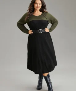 Contrast Button Detail Waffle Knit Pocket Dress -Clothing Shop 479969612 ih