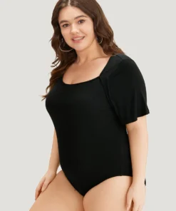 Rib Knit Asymmetrical Neck Short Sleeve Bodysuit -Clothing Shop 480110388 uy