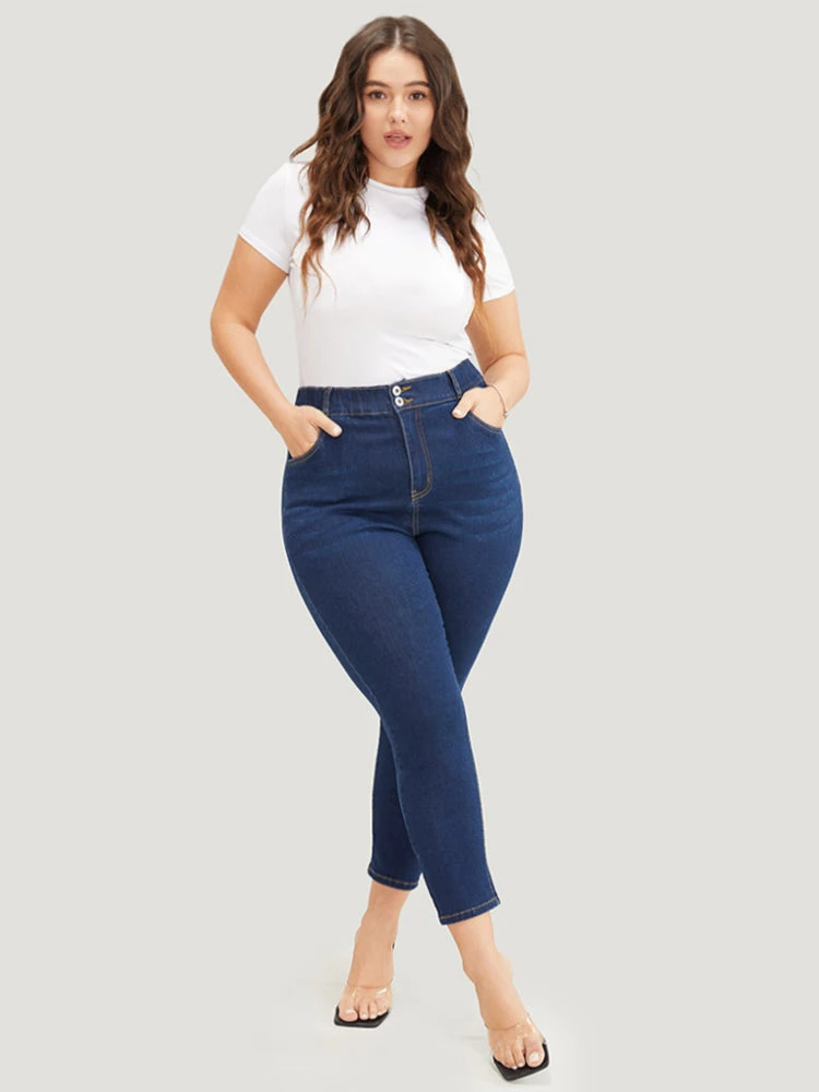 Skinny Very Stretchy High Rise Dark Wash Elastic Waist Jeans 4 Skinny Very Stretchy High Rise Dark Wash Elastic Waist Jeans - Image 2