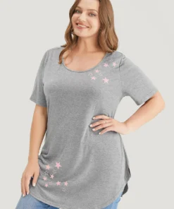 Star Print Split Arc Hem T-shirt -Clothing Shop 480858601 vj