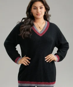 Two Tone Trim V Neck Plisse Pullover -Clothing Shop 481038942 hi