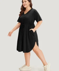 Supersoft Essentials Plain Pocket Curved Hem Drawstring V Neck Dress -Clothing Shop 481239435 et 358c1d8b b4b6 46f8 9400 22834ee8117d