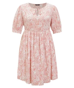Floral Puff Sleeve Pocket Flutter Keyhole Knot Neck Dress -Clothing Shop 482084679 ff
