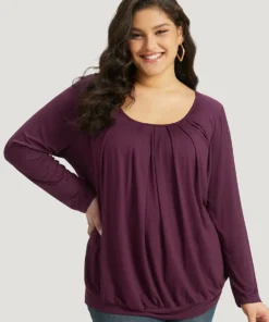 Plain Pleated Round Neck T-shirt -Clothing Shop 482651233 dt