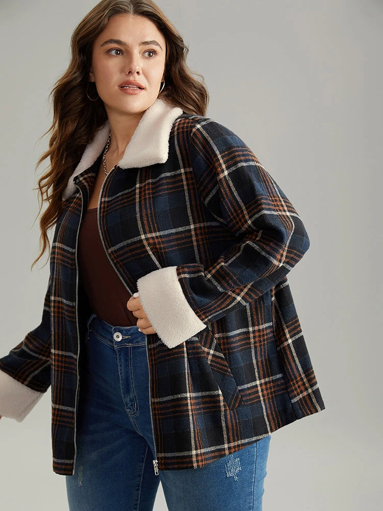 Plaid Fuzzy Trim Pocket Zipper Fly Jacket 5 Plaid Fuzzy Trim Pocket Zipper Fly Jacket - Image 3