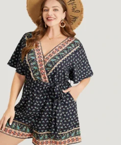 Bandana Print Wrap Ruffle Sleeve Pocket Belted Romper -Clothing Shop 483081316 og