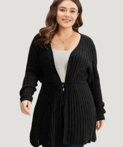 Rib Knit Drawstring Split Side Tunic Cardigan -Clothing Shop 483630532 se 3b363737 523d 493f bb3c c200fd28fc8b