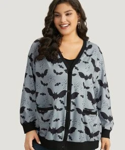 Halloween Bat Print Pocket Button Up Rib Knit Coat -Clothing Shop 483728060 gc cc67adb2 3ada 43eb bf31 e9f376797ed4