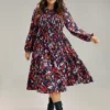 Floral Print Keyhole Shirred Dress -Clothing Shop 483985795 mc