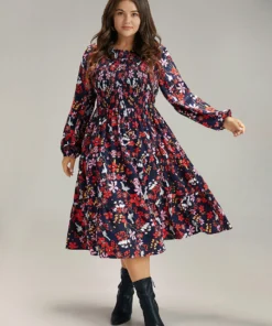 Floral Print Keyhole Shirred Dress