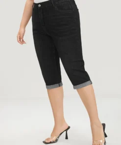 Slightly Stretchy High Rise Dark Wash Roll Hem Knee Denim Shorts -Clothing Shop 484202085 qa