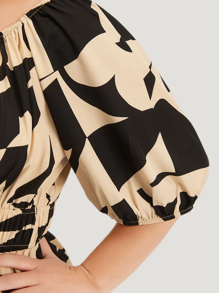 Geometric Shirred Pocket Elastic Waist Puff Sleeve Jumpsuit 8 Geometric Shirred Pocket Elastic Waist Puff Sleeve Jumpsuit - Image 6